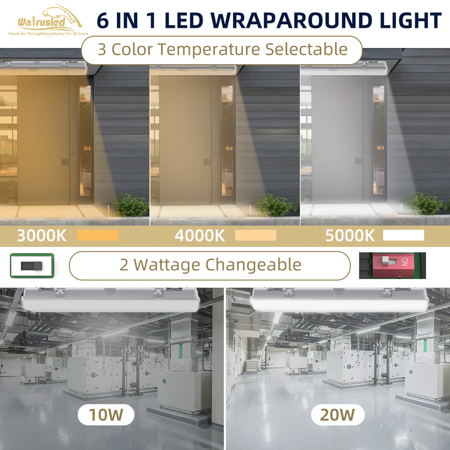 Walrusled 2FT LED Garage Wraparound Vapor Tight Batten Light 2 Wattages/2 Lumens/3 CCT Selectable, 10W/20W, 1250lm/2500lm, 3000K/4000K/5000K, IP65, IK08, 100-277V, 2 Foot LED Wrap Waterproof Light Fixture, 120CM Flush Mount Led Vapor Proof Ceiling Light