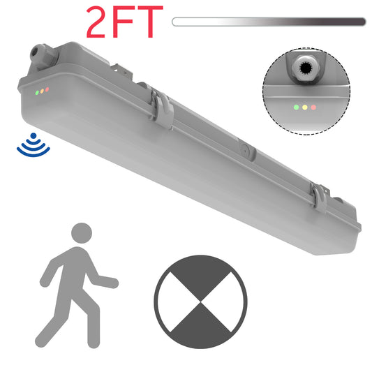 Walrusled 2FT Motion Sensor LED Wraparound Vapor Tight Emergency Batten Light, Power Selectable, 10W/20W, 1250lm/2500lm, Battery Backup, 5000K, IP65, IK08, Dimmable 2 Foot LED Wrap Waterproof Light Fixture, 60CM Flush Mount Led Vapor Proof Ceiling Light