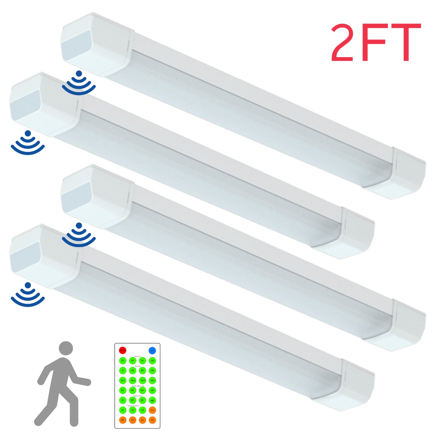 Walrusled 2FT Motion Sensor LED Tri Proof Batten Light, 2 Wattages/2 Lumens Selectable 10W/20W 1250lm/2500lm, 5000K, IP65, 100-277V, IK10, Dimmable 2 Foot LED Waterproof Vapor Tight Linear Tube Light Fixture, 60CM Flush Mount Led Vapor Proof Ceiling Light