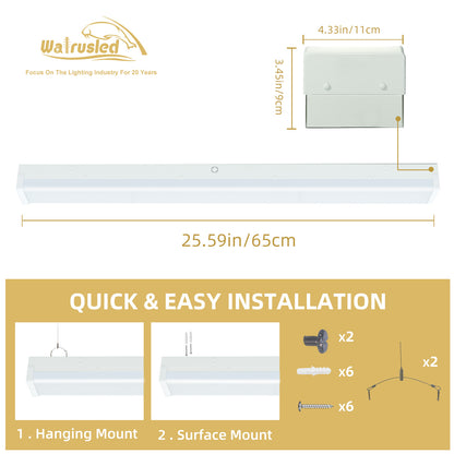 Walrusled Luminaire LED à réglette enveloppante pour cuisine, 2 watts/2 lumens/3 CCT sélectionnable, 10 W/20 W, 1250 lm/2 500 lm, 3 000 K/4 000 K/5 000 K, 100-277 V, IP20, 60 cm Plafonnier à lattes de cage d'escalier à montage encastré