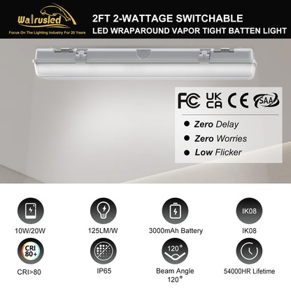 Walrusled 2FT LED Stairwell Wraparound Vapor Tight Emergency Batten Light, Power Selectable 10W/20W, 1250lm/2500lm, Battery Backup, 5000K, IP65, IK08, 2 Foot LED Garage Wrap Waterproof Light Fixture, 60CM Flush Mount LED Tunnel Vapor Proof Ceiling Light