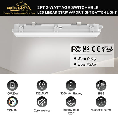 Walrusled 2FT Stairwell LED Linear Strip Vapor Tight Emergency Batten Light, Power Selectable, 10W/20W, 1250lm/2500lm, Battery Backup, 5000K, IP65, 2 Foot Garage LED Tri Proof Light Fixture, 60CM Flush Mount Tunnel Led Vapor Proof Ceiling Batten Light