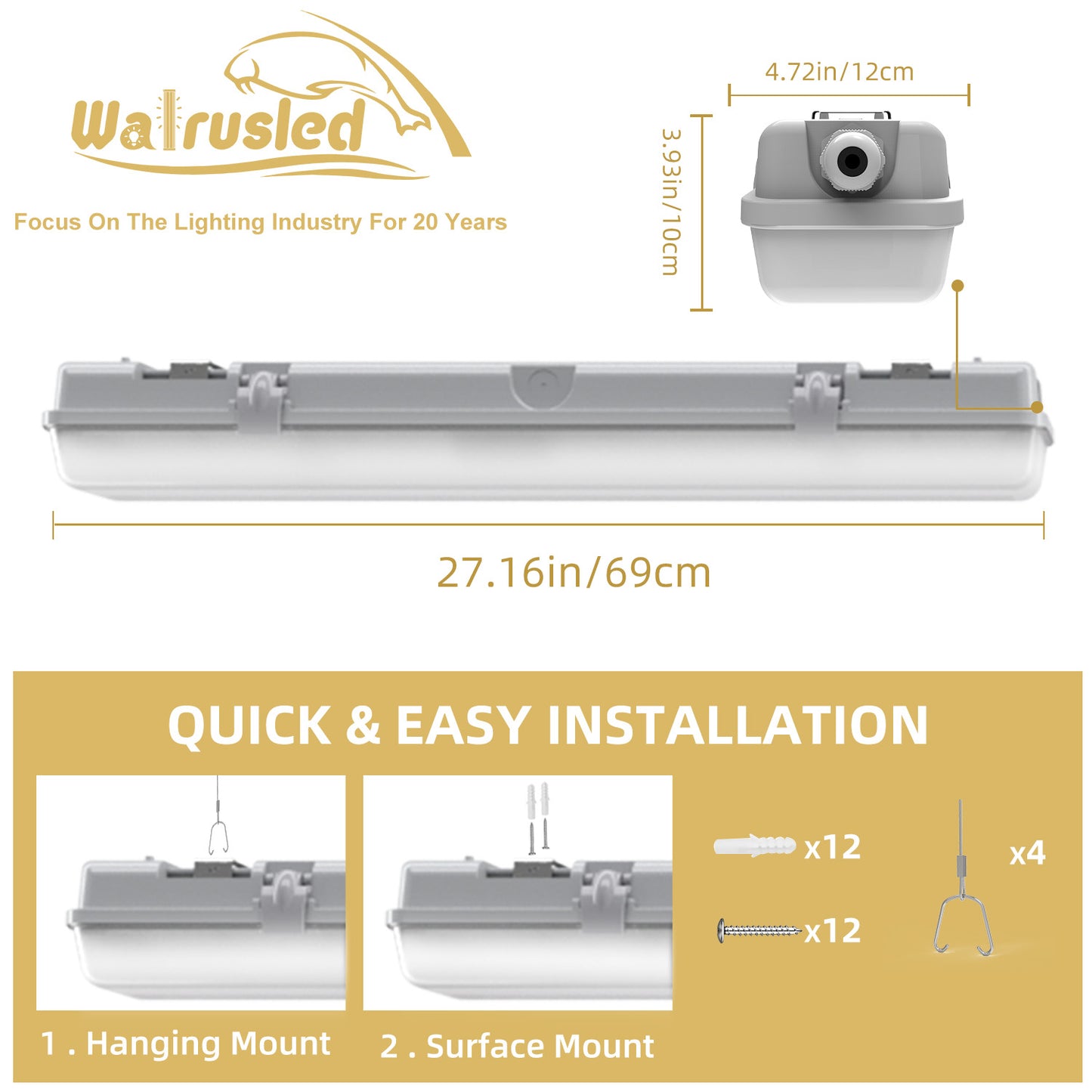 Walrusled 2FT LED-Garagen-Rundum-Dampfdichte Lichtleiste, 2 Wattagen/2 Lumen/3 CCT wählbar, 10W/20W, 1250lm/2500lm, 3000K/4000K/5000K, IP65, IK08, 100-277V, 2 Fuß lange wasserdichte LED-Rundum-Leuchte, 120CM bündig montierte dampfdichte LED-Deckenleuchte