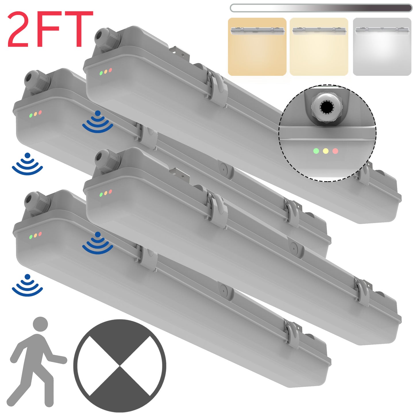 Walrusled 2 Foot Motion Sensor LED Wraparound Vapor Tight Emergency Batten Light, 3 CCT Power Selectable 10W/20W 1250lm/2500lm, Battery Backup, 3000K/4000K/5000K, IP65, IK08, Dimmable LED Wrap Waterproof Light, 60CM Flush Mount Vapor Proof Ceiling Fixture