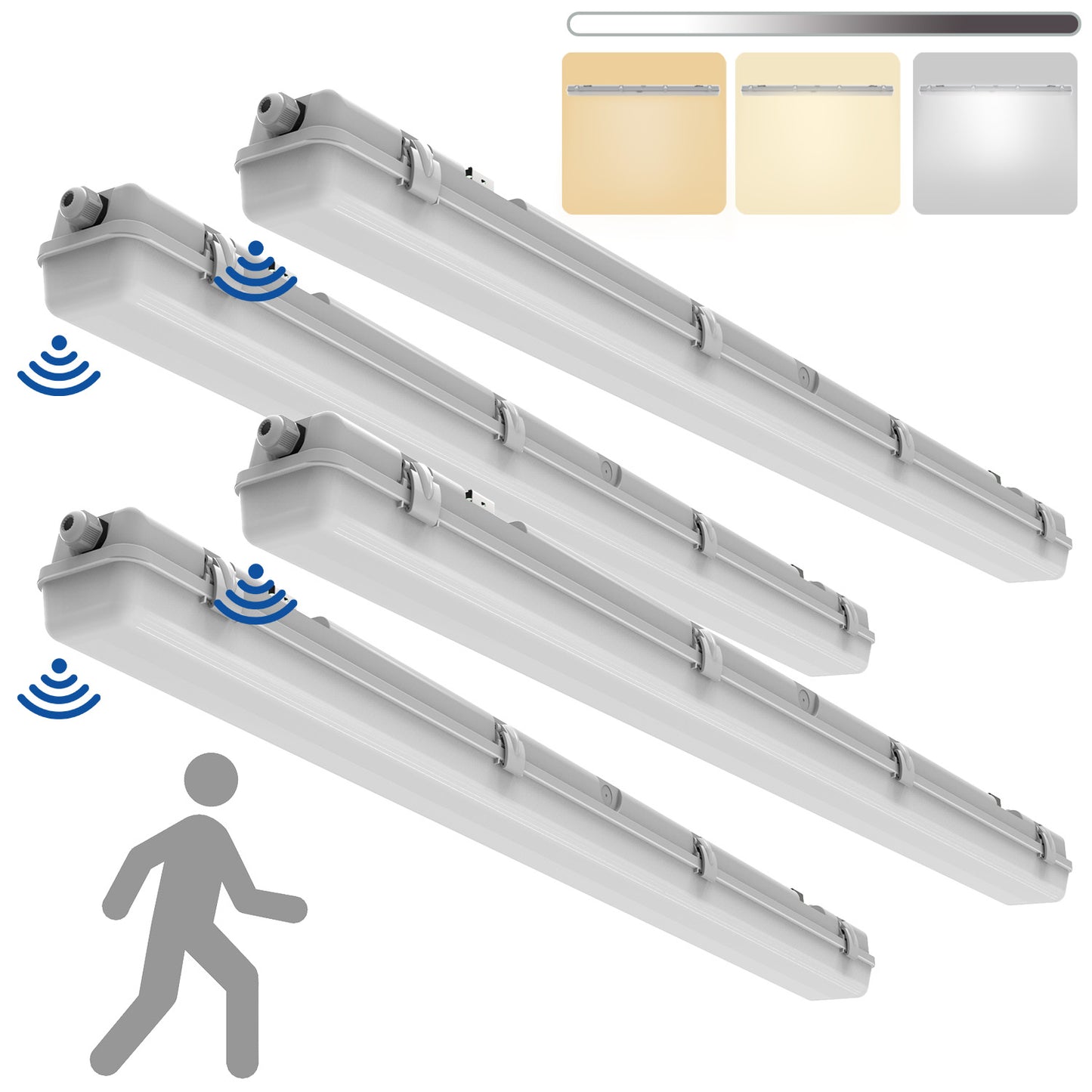 Walrusled 4FT Motion Sensor LED Wraparound Vapor Tight Batten Light, 2 Wattages/3 CCT Selectable 20W/40W 2500lm/5000lm 3000K/4000K/5000K, 100-277V, IP65, Dimmable 4 Foot LED Wrap Waterproof Light Fixture, 120CM Flush Mount Led Vapor Proof Ceiling Light