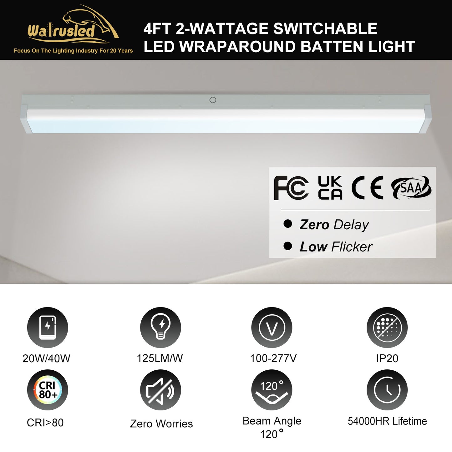 Walrusled 4FT LED Kitchen Wraparound Batten Light Fixture, 2 Wattages/2 Lumens Selectable, 20W/40W 2500lm/5000lm, 5000K, 100-277V, IP20, 4 Foot LED Garage Wrap Around Batten Light Fixture, 120CM Flush Mount LED Closet Stairwell Patio Carport Ceiling Light