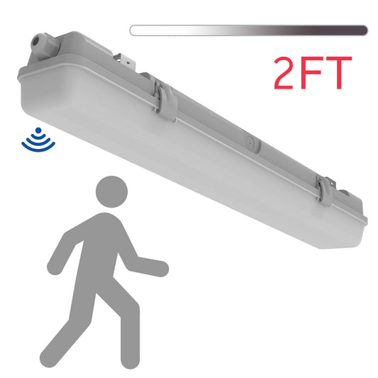 Walrusled 2FT Motion Sensor LED Wraparound Vapor Tight Batten Light, 2 Wattages/2 Lumens Selectable, 10W/20W 1250lm/2500lm 5000K, IP65, IK08, Dimmable 2 Foot LED Tunnel Wrap Waterproof Light Fixture, 60CM Flush Mount LED Vapor Proof Batten Ceiling Light