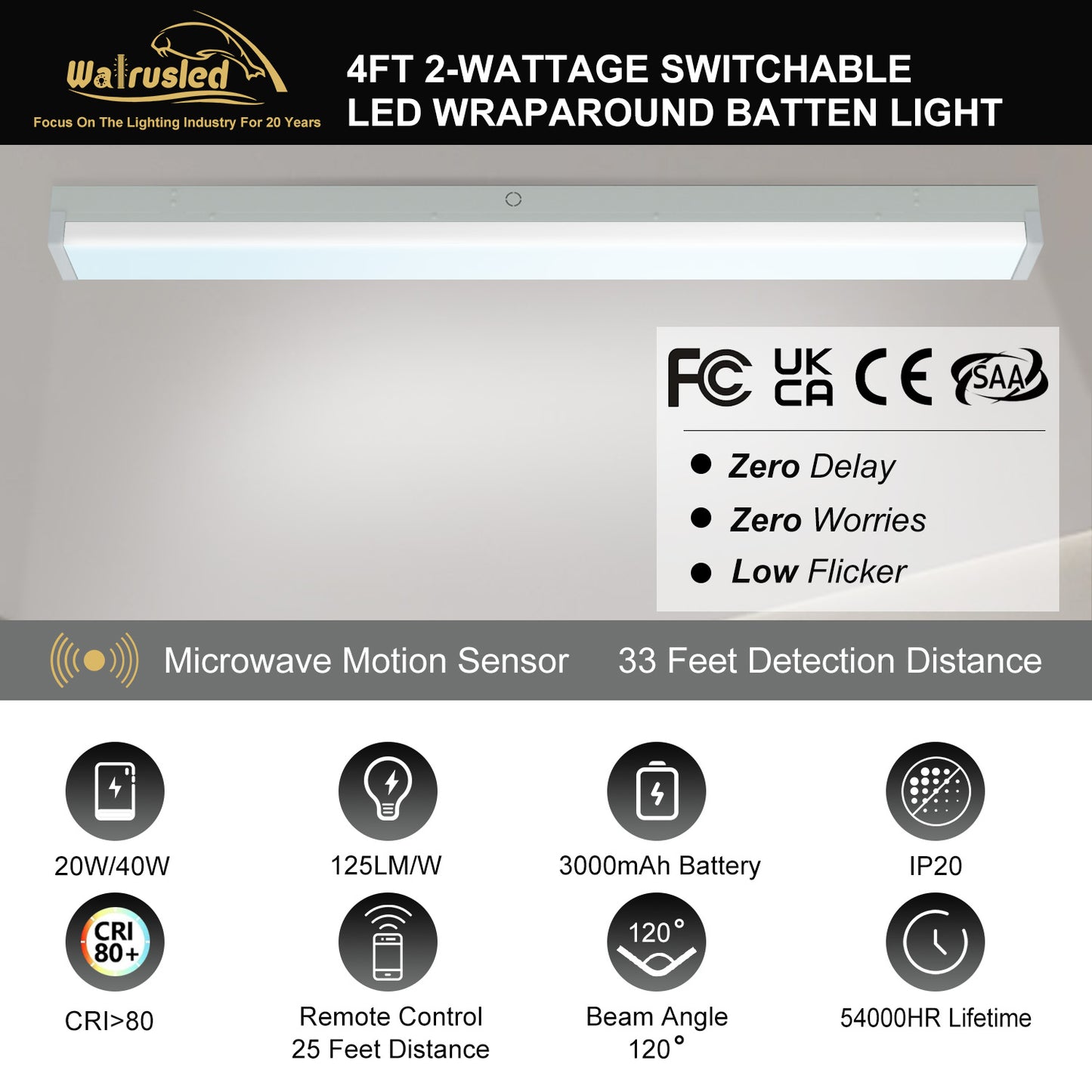 Walrusled 4FT Motion Sensor LED Patio Wraparound Emergency Batten Light w/Remote, Power Selectable, 20W/40W 2500lm/5000lm, Battery Backup, 5000K, IP20, Dimmable 4 Foot LED Office Wrap Around Batten Light Fixture, 120CM Flush Mount LED Garage Ceiling Light