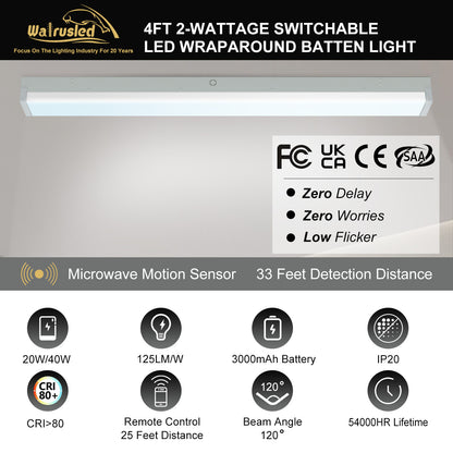 Walrusled 4FT Motion Sensor LED Patio Wraparound Emergency Batten Light w/Remote, Power Selectable, 20W/40W 2500lm/5000lm, Battery Backup, 5000K, IP20, Dimmable 4 Foot LED Office Wrap Around Batten Light Fixture, 120CM Flush Mount LED Garage Ceiling Light