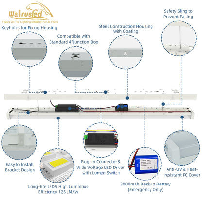 Walrusled Luminaire LED à réglette enveloppante pour cuisine, 2 watts/2 lumens/3 CCT sélectionnable, 10 W/20 W, 1250 lm/2 500 lm, 3 000 K/4 000 K/5 000 K, 100-277 V, IP20, 60 cm Plafonnier à lattes de cage d'escalier à montage encastré