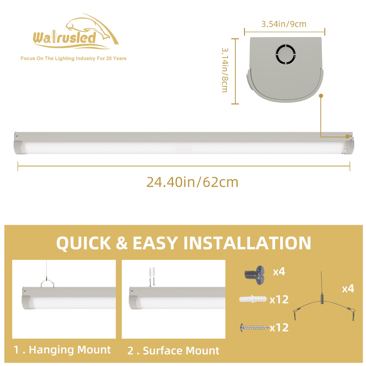 Walrusled 2FT Hallway LED Linear Strip Emergency Batten Light, 3 CCT Power Selectable, 10W/20W, 1250lm/2500lm, Battery Backup, 3000K/4000K/5000K, 2 Foot LED Linear Strip Shop Light Fixture, 60CM Flush Mount Garage Workshop Stairwell Ceiling Batten Light