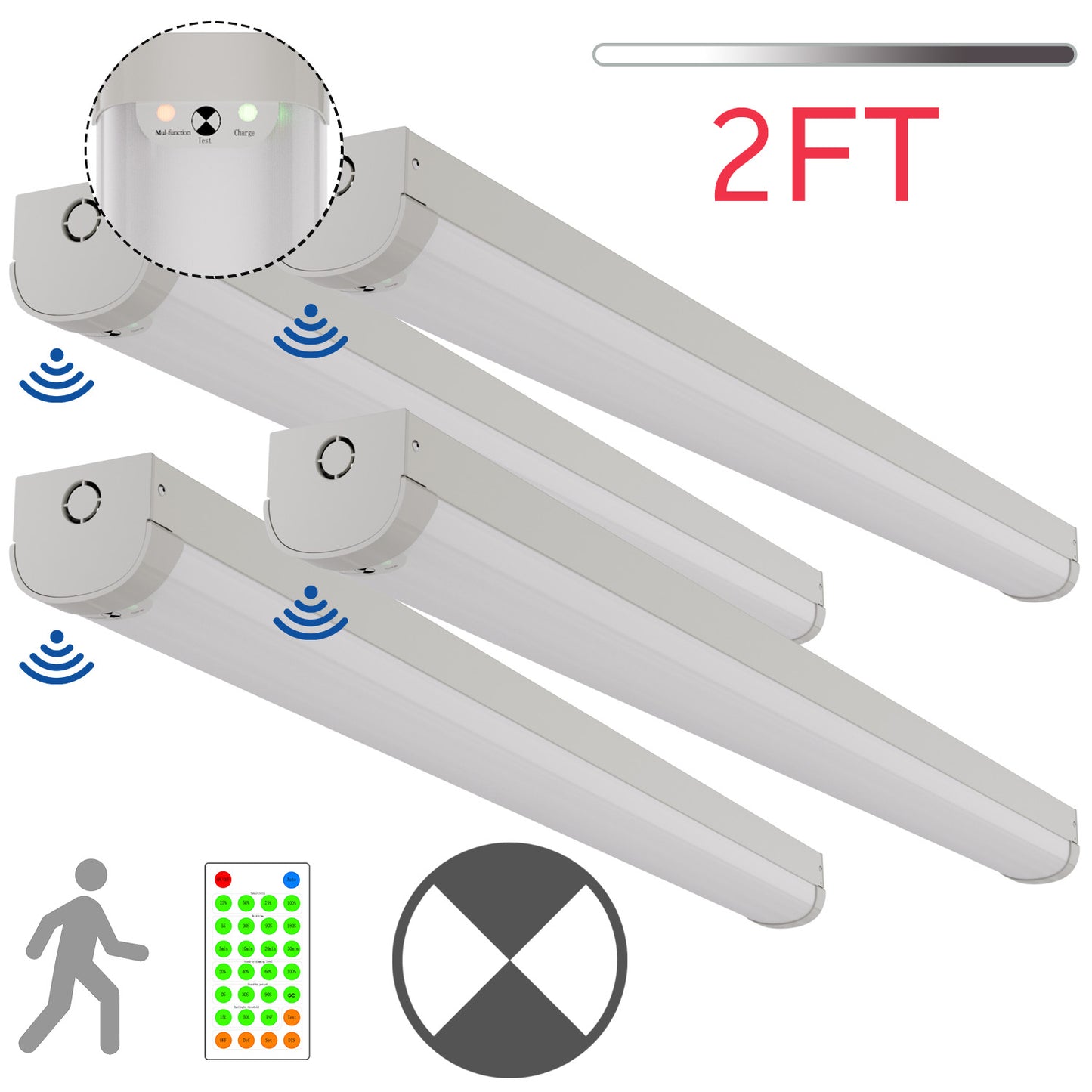 Walrusled 2FT Motion Sensor LED Kitchen Linear Strip Emergency Batten Light w/Remote, Power Selectable, 10W/20W, 1250lm/2500lm, Battery Backup, 5000K, Dimmable 2 Foot LED Linear Strip Shop Light Fixture, 60CM Flush Mount LED Garage Ceiling Batten Light