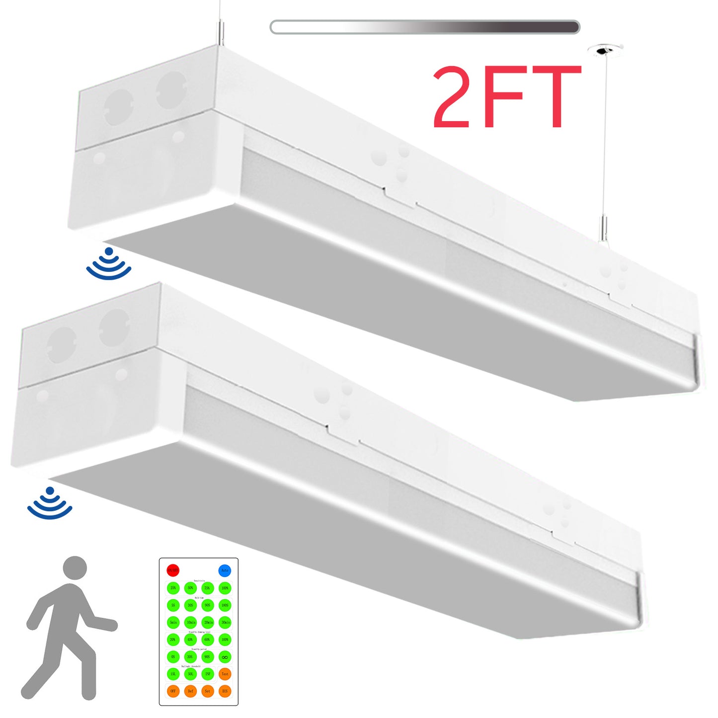 Walrusled 2FT Motion Sensor LED Stairwell Wraparound Batten Light with Remote, 2 Wattages/2 Lumens Selectable, 10W/20W, 1250lm/2500lm, 5000K, 100-277V, IP20, Dimmable 2 Foot LED Wrap Around Batten Light Fixture, 60CM Flush Mount LED Garage Ceiling Light