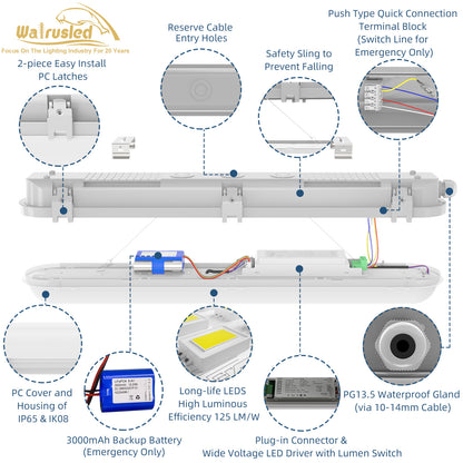 Walrusled 2FT Garage LED Linear Strip Vapor Tight Batten Light 2 Wattages/2 Lumens Selectable, 10W/20W, 1250lm/2500lm, 5000K, IP65, 100-277V, 2 Foot Stairwell LED Tri Proof Light Fixture, 60CM Flush Mount Tunnel Led Vapor Proof Batten Ceiling Light