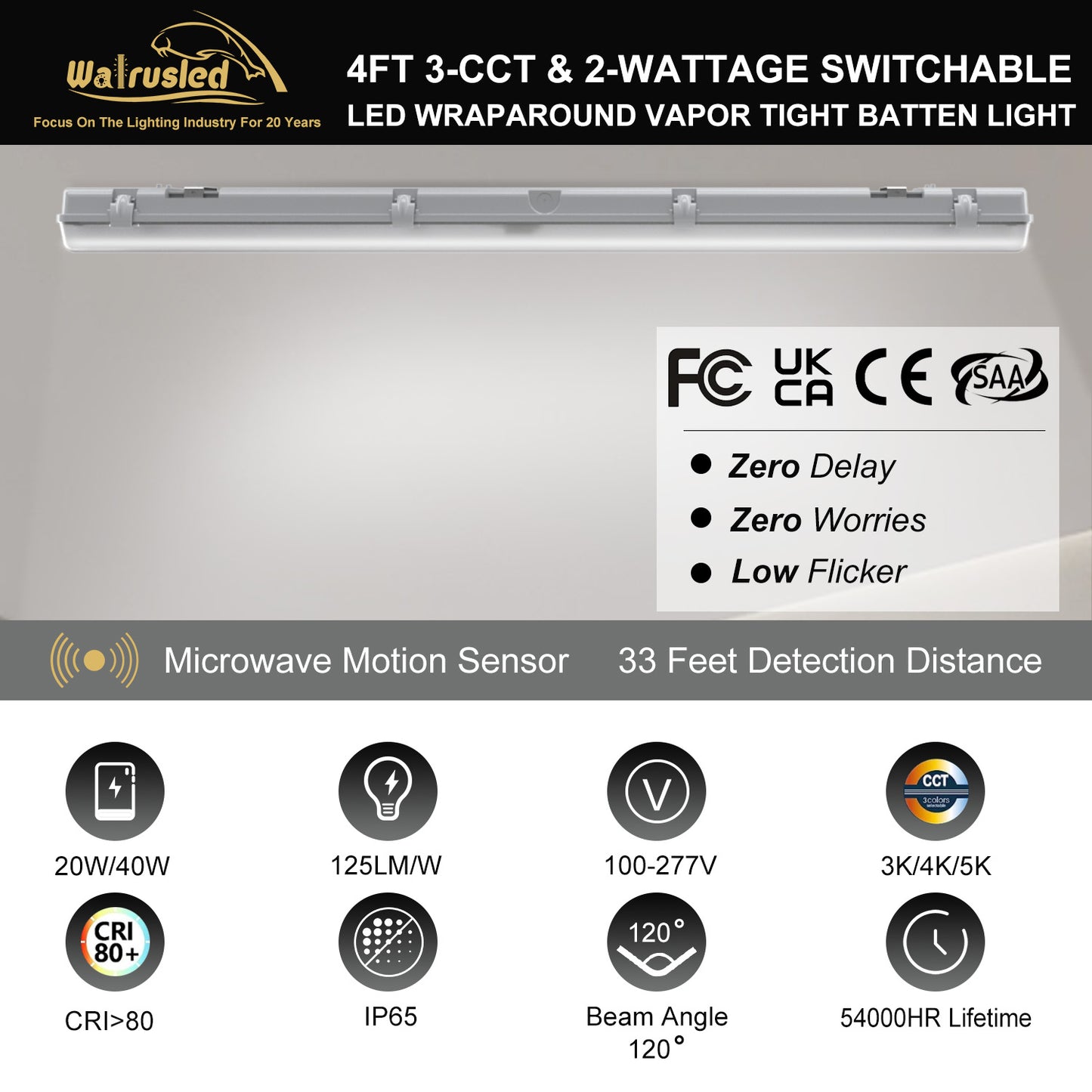 Walrusled 4FT Motion Sensor LED Wraparound Vapor Tight Batten Light, 2 Wattages/3 CCT Selectable 20W/40W 2500lm/5000lm 3000K/4000K/5000K, 100-277V, IP65, Dimmable 4 Foot LED Wrap Waterproof Light Fixture, 120CM Flush Mount Led Vapor Proof Ceiling Light