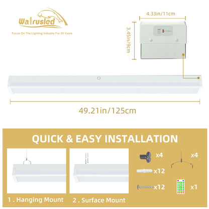 Walrusled 4FT Motion Sensor LED Stairwell Wraparound Batten Light with Remote, 2 Wattages/2 Lumens/3 CCT Selectable 20W/40W 2500lm/5000lm 3000K/4000K/5000K, 100-277V, IP20, Dimmable 4 Foot LED Wrap Batten Light Fixture, 120CM Flush Mount LED Ceiling Light