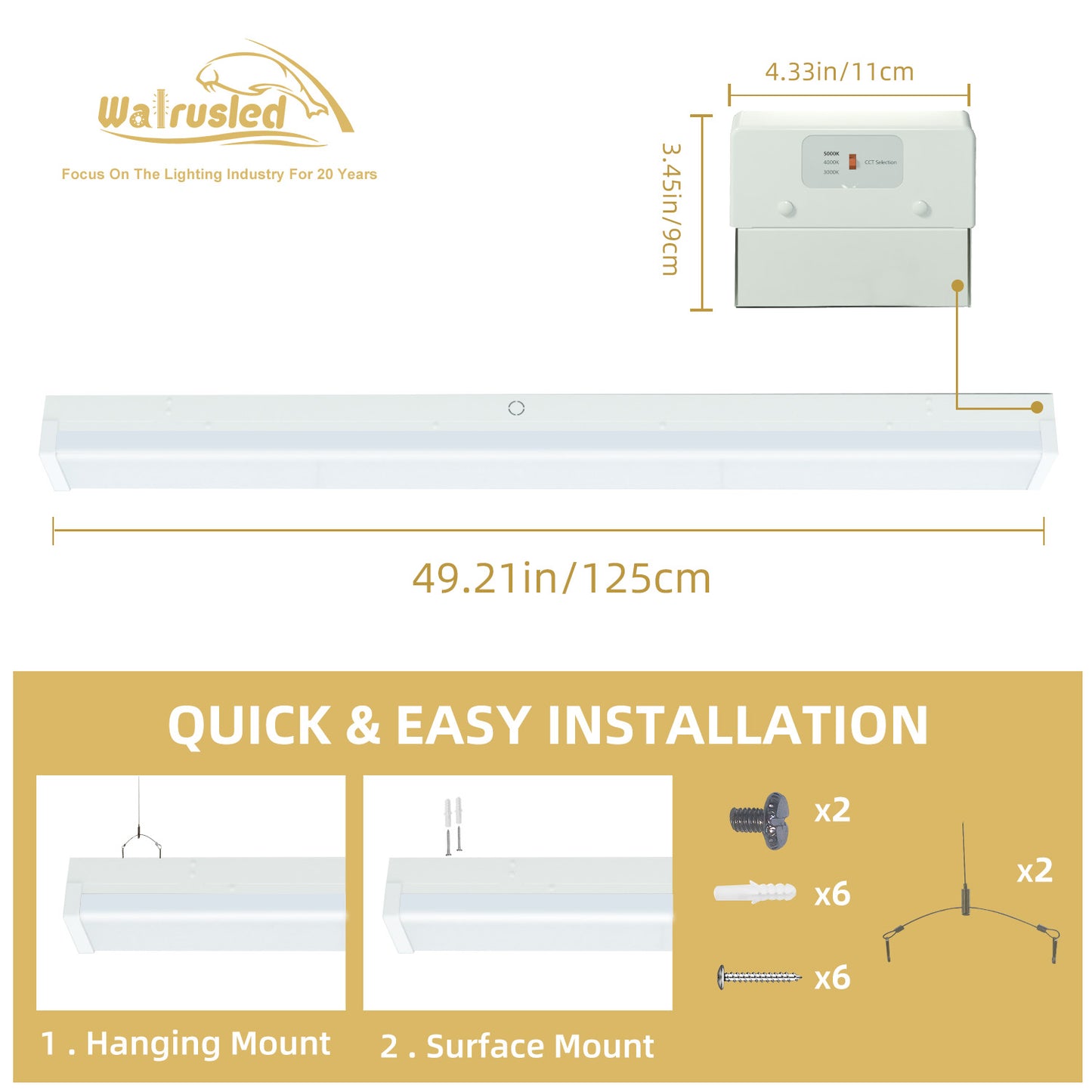 Walrusled 4FT LED Kitchen Wraparound Emergency Batten Light Fixture, 3 CCT Power Selectable, 20W/40W, 2500lm/5000lm, Battery Backup, 3000K/4000K/5000K, IP20, 4 Foot LED Garage Wrap Around Batten Light Fixture, 120CM Flush Mount LED Stairwell Ceiling Light