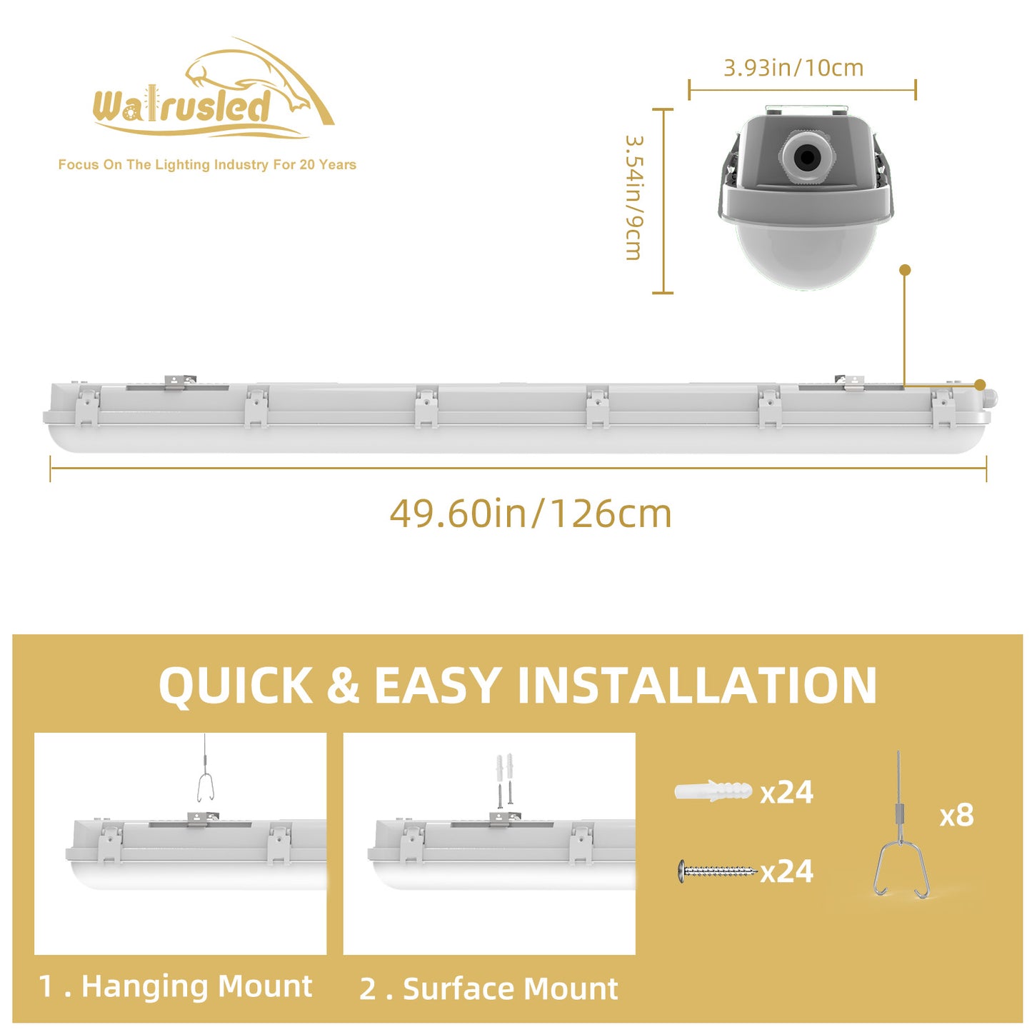 Walrusled 4FT Stairwell LED Linear Strip Vapor Tight Emergency Batten Light, Power Selectable, 20W/40W, 2500lm/5000lm, Battery Backup, 5000K, IP65, 4 Foot Garage LED Tri Proof Light Fixture, Flush Mount 120CM Tunnel Led Vapor Proof Ceiling Batten Light