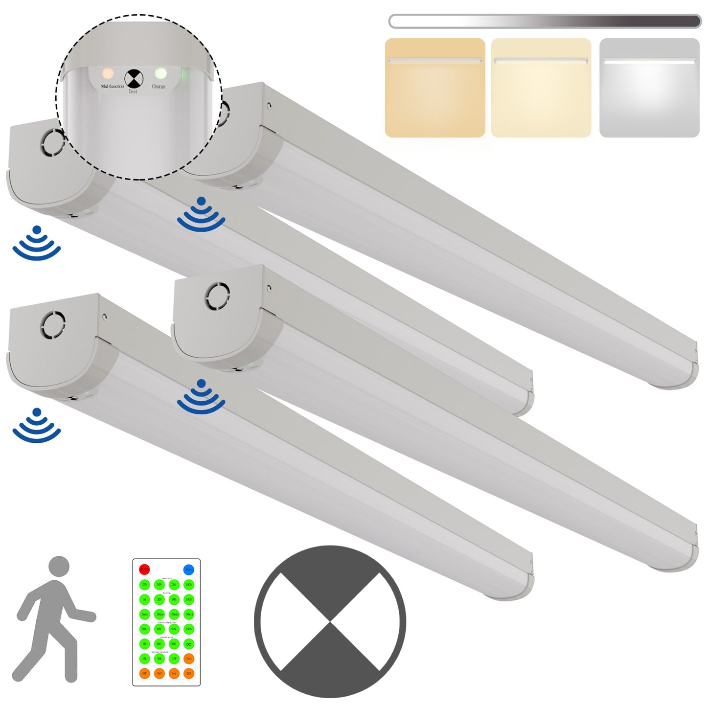 Walrusled 4-Fuß-LED-Streifen-Notfall-Pendelleuchte mit Bewegungsmelder und Fernbedienung, 3 CCT-Leistung wählbar, 20 W/40 W, 2500 lm/5000 lm, Batterie-Backup, 3000 K/4000 K/5000 K, dimmbare Unterputz-LED-Streifen-Deckenleuchte für Geschäfte und Garagen