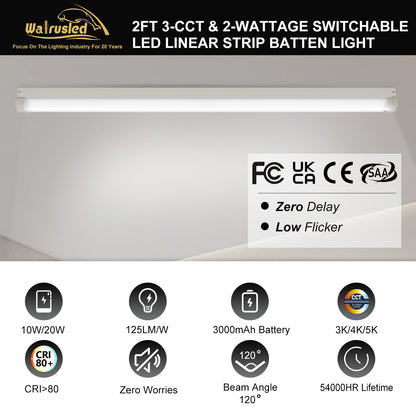 Walrusled 2FT Hallway LED Linear Strip Emergency Batten Light, 3 CCT Power Selectable, 10W/20W, 1250lm/2500lm, Battery Backup, 3000K/4000K/5000K, 2 Foot LED Linear Strip Shop Light Fixture, 60CM Flush Mount Garage Workshop Stairwell Ceiling Batten Light