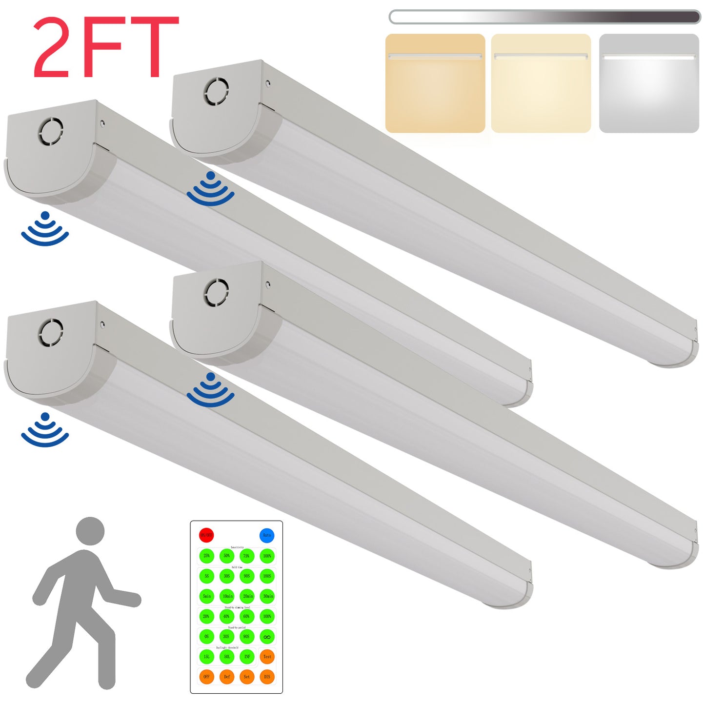 Walrusled 2FT Motion Sensor LED Linear Strip Batten Light with Remote, 2 Wattages/2 Lumens/3 CCT Selectable, 10W/20W, 1250lm/2500lm, 3000K/4000K/5000K, Dimmable 2 Foot LED Shop Batten Light Fixture, 60CM Flush Mount Garage Hallway Ceiling Batten Light