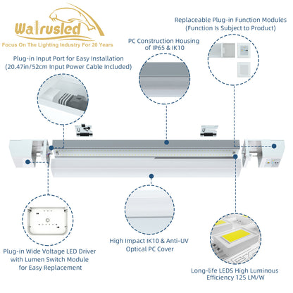 Walrusled 2FT LED Tri-Proof Notlichtleiste, Leistung wählbar, 10W/20W, 1250lm/2500lm, Batterie-Backup, 5000K, IP65, IK10, 2 Fuß wasserdichte, dampfdichte LED-Röhrenleuchte für die Garage, 60cm flächenbündig montierte, dampfdichte LED-Tunnel-Deckenleuchte