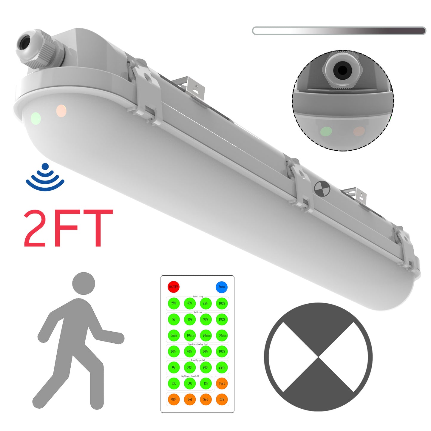 Walrusled 2FT Motion Sensor LED Linear Strip Vapor Tight Emergency Batten Light w/Remote, Power Selectable, 10W/20W, 1250lm/2500lm, Battery Backup, 5000K, IP65, Dimmable 2 Foot Flush Mount LED Tri Proof Light, 60CM Tunnel Led Vapor Proof Ceiling Fixture