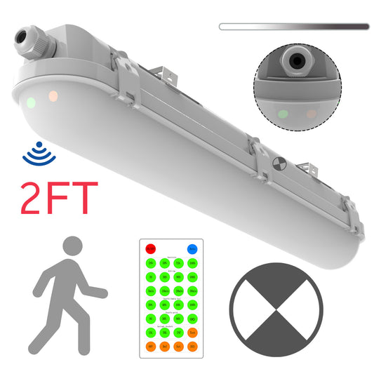 Walrusled 2FT Motion Sensor LED Linear Strip Vapor Tight Emergency Batten Light w/Remote, Power Selectable, 10W/20W, 1250lm/2500lm, Battery Backup, 5000K, IP65, Dimmable 2 Foot Flush Mount LED Tri Proof Light, 60CM Tunnel Led Vapor Proof Ceiling Fixture