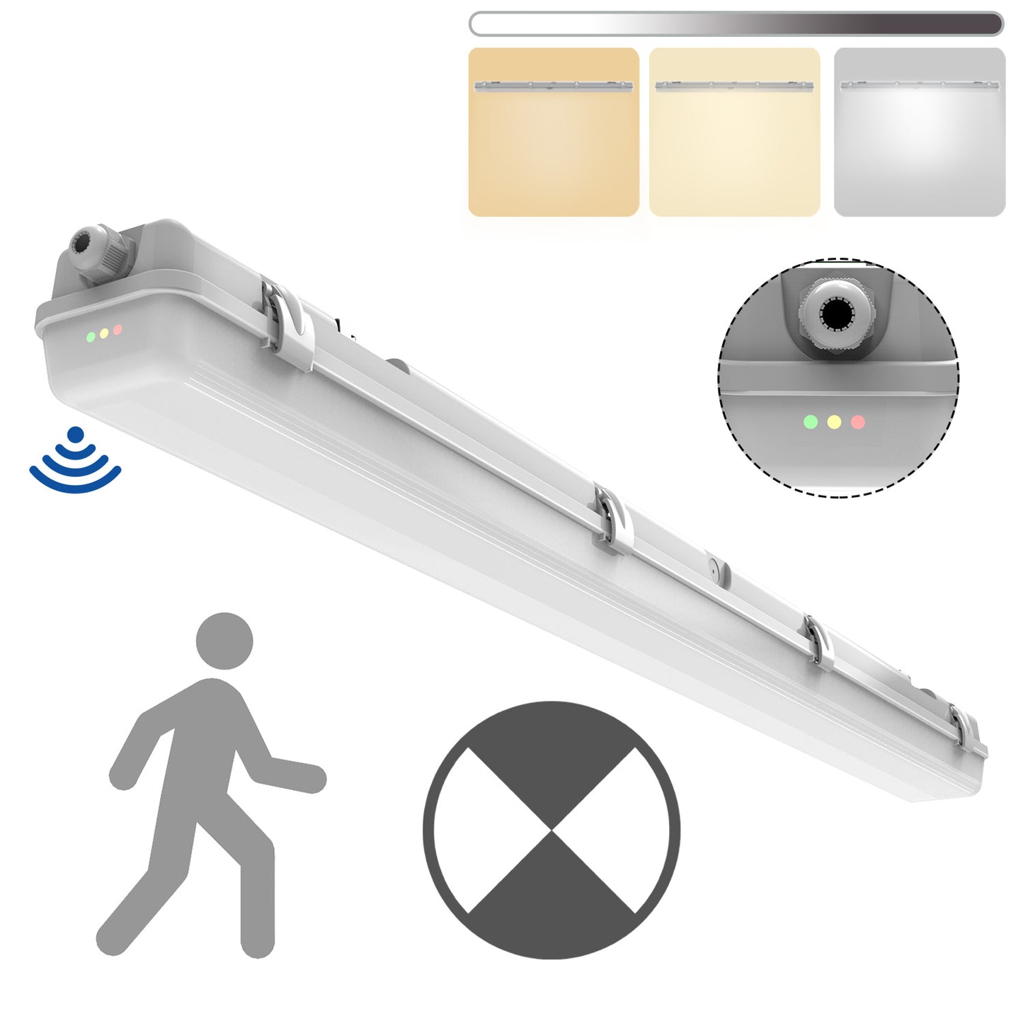 Walrusled 4FT Motion Sensor LED Wraparound Vapor Tight Emergency Batten Light, 3 CCT Power Selectable 20W/40W 2500lm/5000lm, Battery Backup, 3000K/4000K/5000K, IP65, Dimmable 4 Foot LED Wrap Waterproof Light, 120CM Flush Mount Vapor Proof Ceiling Fixture