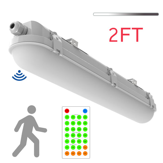 Walrusled 2FT Motion Sensor LED Linear Strip Vapor Tight Batten Light with Remote, 2 Wattages/2 Lumens Selectable, 10W/20W, 1250lm/2500lm, 5000K, IP65, 100-277V, Dimmable 2 Foot LED Tri Proof Light Fixture, 60CM Flush Mount Led Vapor Proof Ceiling Light