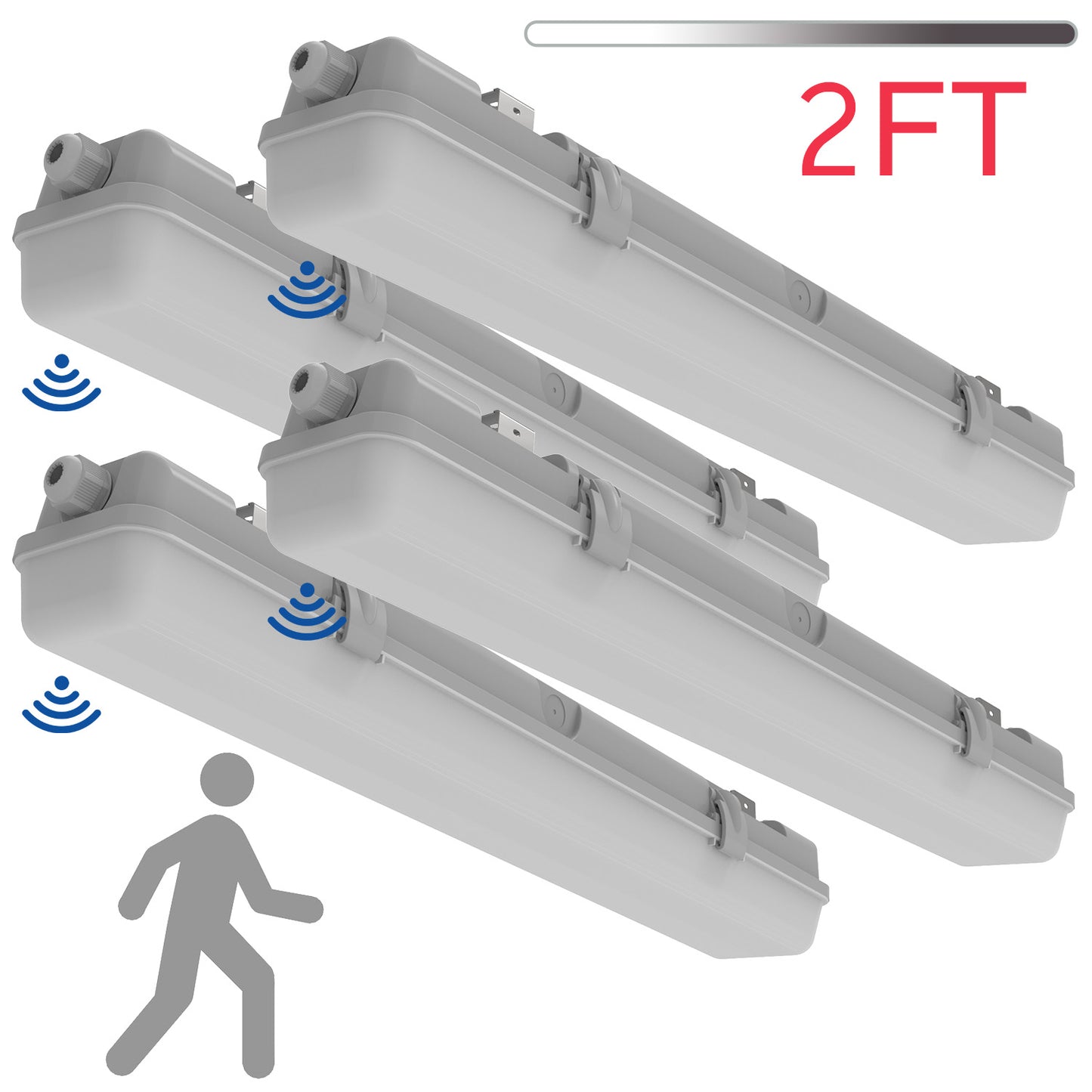 Walrusled 2FT Motion Sensor LED Wraparound Vapor Tight Batten Light, 2 Wattages/2 Lumens Selectable, 10W/20W 1250lm/2500lm 5000K, IP65, IK08, Dimmable 2 Foot LED Tunnel Wrap Waterproof Light Fixture, 60CM Flush Mount LED Vapor Proof Batten Ceiling Light