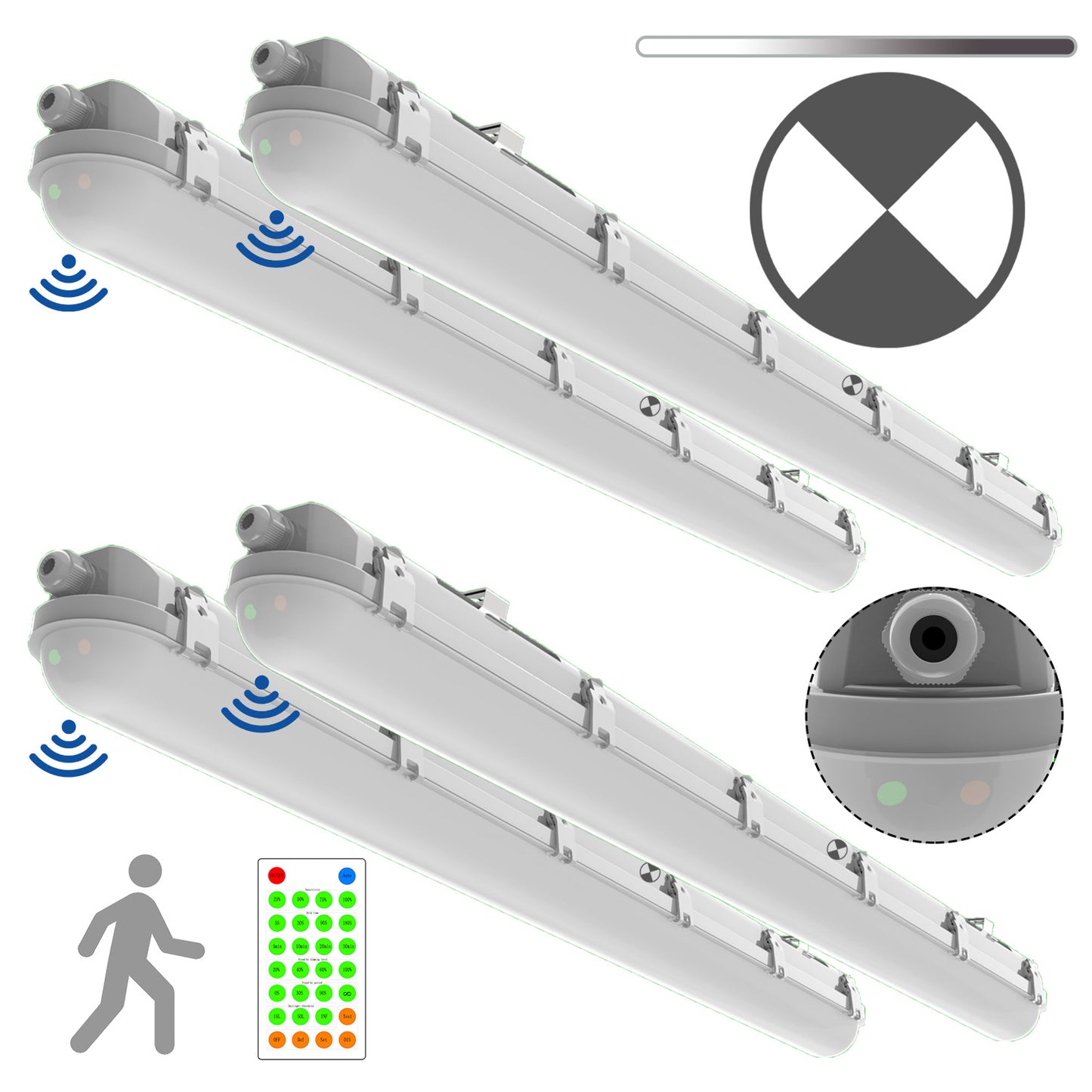 Walrusled 4FT Motion Sensor LED Linear Strip Vapor Tight Emergency Batten Light w/Remote, Power Selectable, 20W/40W, 2500lm/5000lm, Battery Backup, 5000K, IP65, Dimmable 4 Foot Flush Mount LED Tri Proof Light, 120CM Tunnel Led Vapor Proof Ceiling Fixture