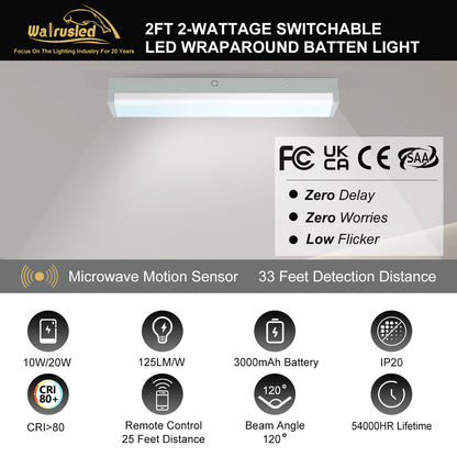 Walrusled 2FT Motion Sensor LED Patio Wraparound Emergency Batten Light w/Remote, Power Selectable, 10W/20W, 1250lm/2500lm, Battery Backup, 5000K, IP20, Dimmable 2 Foot LED Office Wrap Around Batten Light Fixture, 60CM Flush Mount LED Garage Ceiling Light