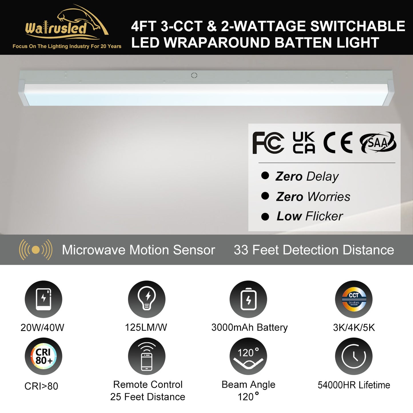 Walrusled 4FT Motion Sensor LED Wraparound Emergency Batten Light w/Remote, 3 CCT Power Selectable 20W/40W 2500lm/5000lm, Battery Backup, 3000K/4000K/5000K, IP20,  Dimmable 4 Foot LED Office Wrap Batten Light Fixture, 120CM Flush Mount LED Ceiling Light