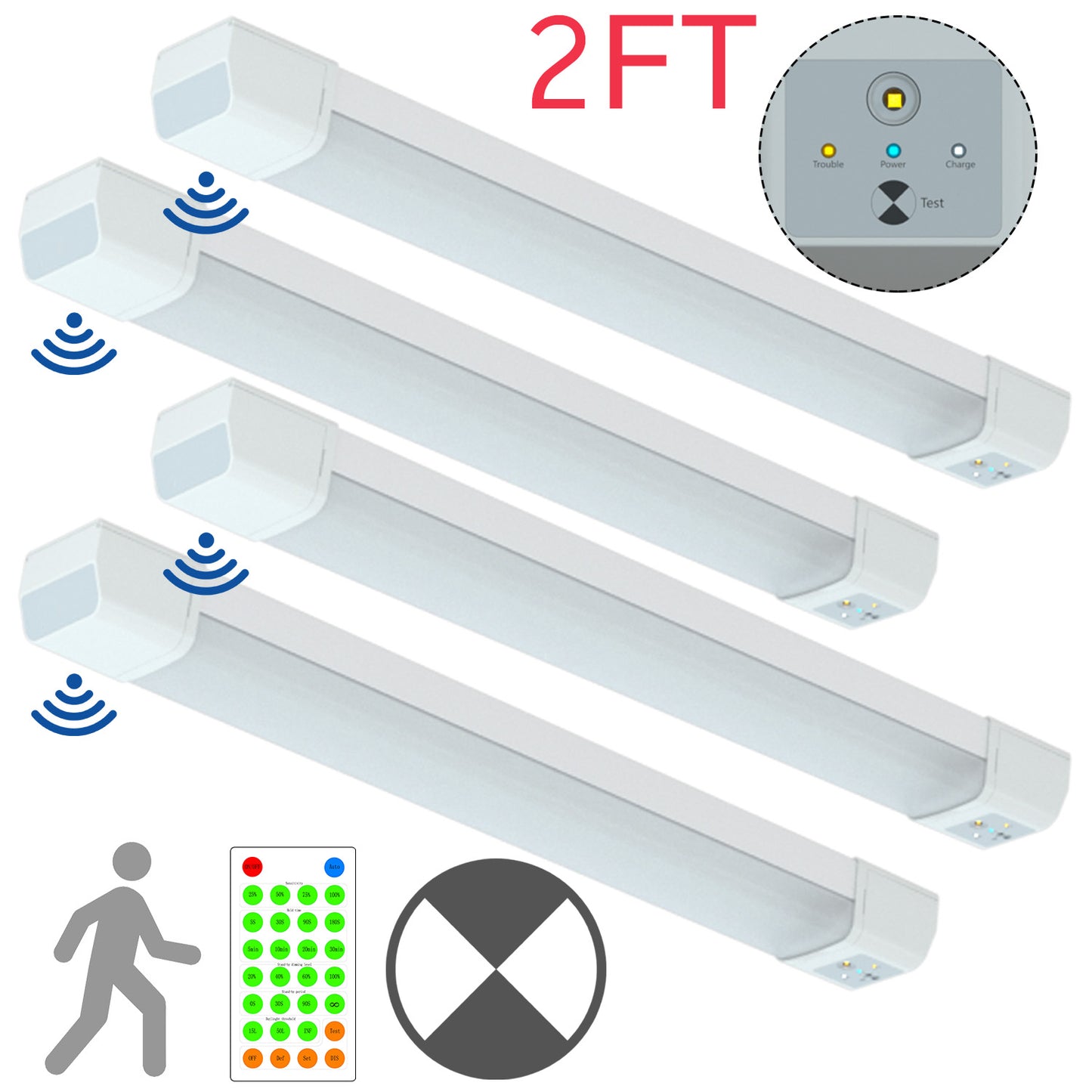 Walrusled 2FT Motion Sensor LED Tri Proof Emergency Batten Light, Power Selectable 10W/20W 1250lm/2500lm, Battery Backup, 5000K, IP65, IK10, Dimmable 2 Foot LED Waterproof Vapor Tight Linear Light Fixture, 60CM Flush Mount Led Vapor Proof Ceiling Light