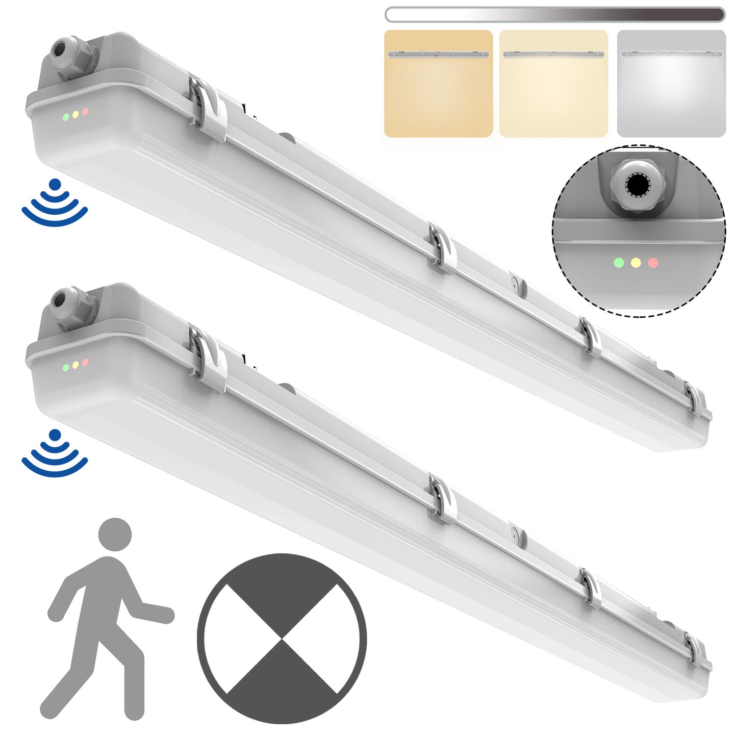 Walrusled 4FT Motion Sensor LED Wraparound Vapor Tight Emergency Batten Light, 3 CCT Power Selectable 20W/40W 2500lm/5000lm, Battery Backup, 3000K/4000K/5000K, IP65, Dimmable 4 Foot LED Wrap Waterproof Light, 120CM Flush Mount Vapor Proof Ceiling Fixture