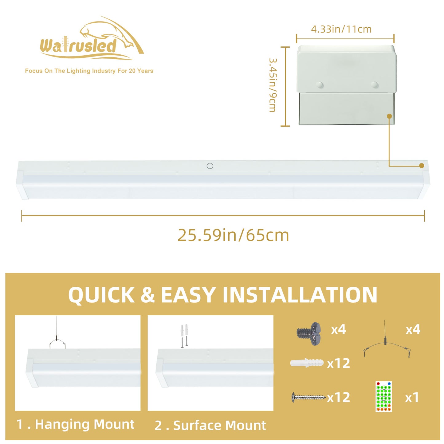 Walrusled 2FT Motion Sensor LED Stairwell Wraparound Batten Light with Remote, 2 Wattages/2 Lumens/3 CCT Selectable, 10W/20W 1250lm/2500lm, 3000K/4000K/5000K,100-277V, IP20, Dimmable 2 Foot LED Wrap Batten Light Fixture, 60CM Flush Mount LED Ceiling Light