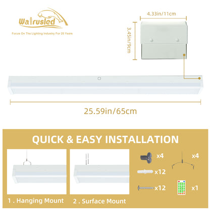 Walrusled 2FT Motion Sensor LED Patio Wraparound Emergency Batten Light w/Remote, Power Selectable, 10W/20W, 1250lm/2500lm, Battery Backup, 5000K, IP20, Dimmable 2 Foot LED Office Wrap Around Batten Light Fixture, 60CM Flush Mount LED Garage Ceiling Light