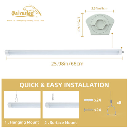 Walrusled 2FT Airport LED Tri Proof Batten Light, 20W, 2200lm, 5000K, IP66, IK10, 24 Inch Garage LED Vapor Tight Linear Tube Light, 2 Foot Tunnel LED Waterproof Dustproof Light Fixture, 60CM Flush Mount Stairwell Led Vapor Proof Batten Ceiling Light