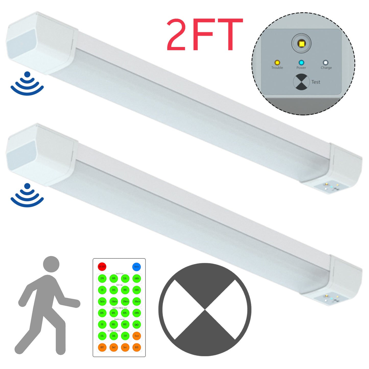 Walrusled 2FT Motion Sensor LED Tri Proof Emergency Batten Light, Power Selectable 10W/20W 1250lm/2500lm, Battery Backup, 5000K, IP65, IK10, Dimmable 2 Foot LED Waterproof Vapor Tight Linear Light Fixture, 60CM Flush Mount Led Vapor Proof Ceiling Light