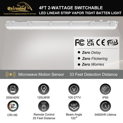 Walrusled 4FT Motion Sensor LED Linear Strip Vapor Tight Batten Light with Remote, 2 Wattages/2 Lumens Selectable, 20W/40W, 2500lm/5000lm, 5000K, IP65, 100-277V, Dimmable 4 Foot LED Tri Proof Light Fixture, 120CM Flush Mount Led Vapor Proof Ceiling Light