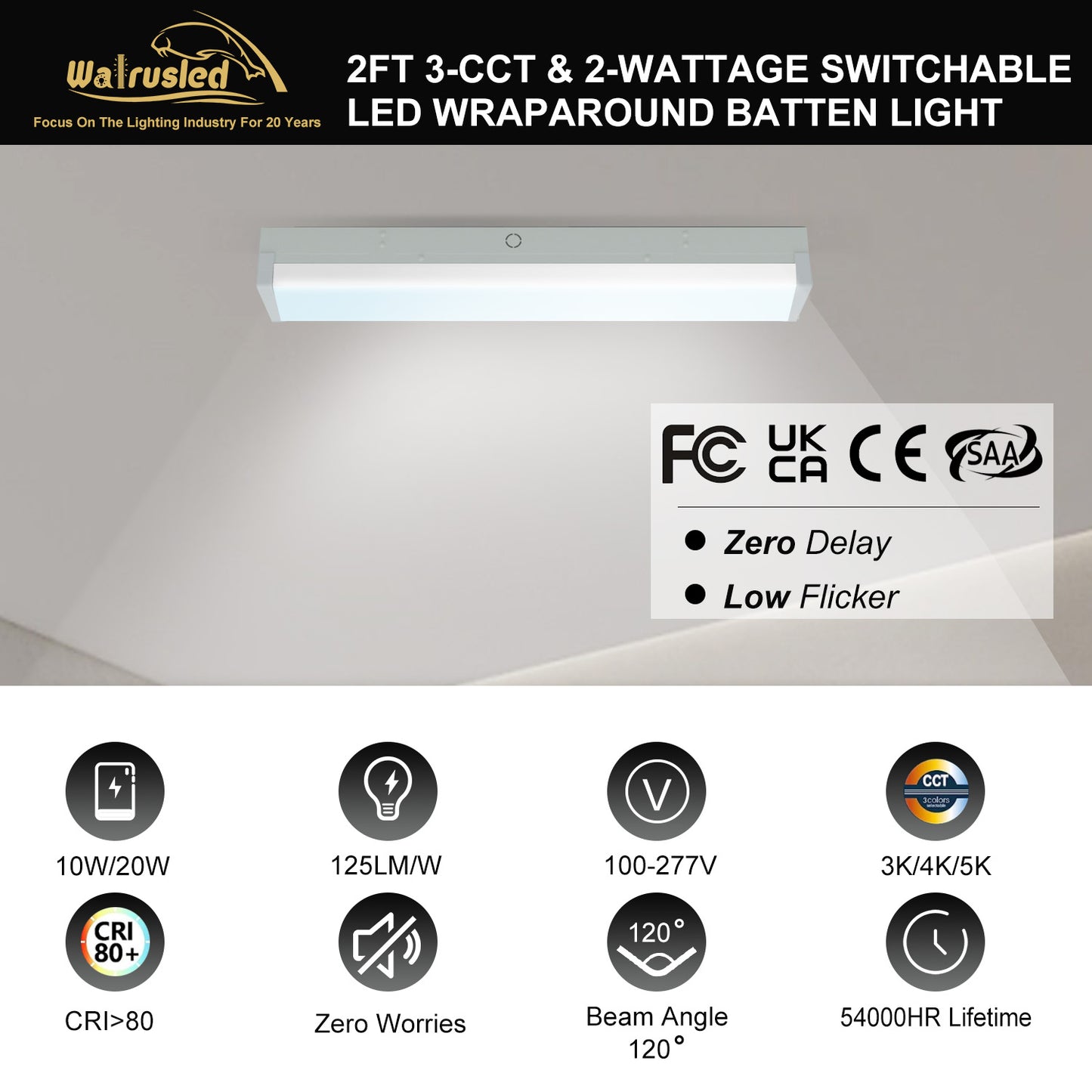 Walrusled Luminaire LED à réglette enveloppante pour cuisine, 2 watts/2 lumens/3 CCT sélectionnable, 10 W/20 W, 1250 lm/2 500 lm, 3 000 K/4 000 K/5 000 K, 100-277 V, IP20, 60 cm Plafonnier à lattes de cage d'escalier à montage encastré