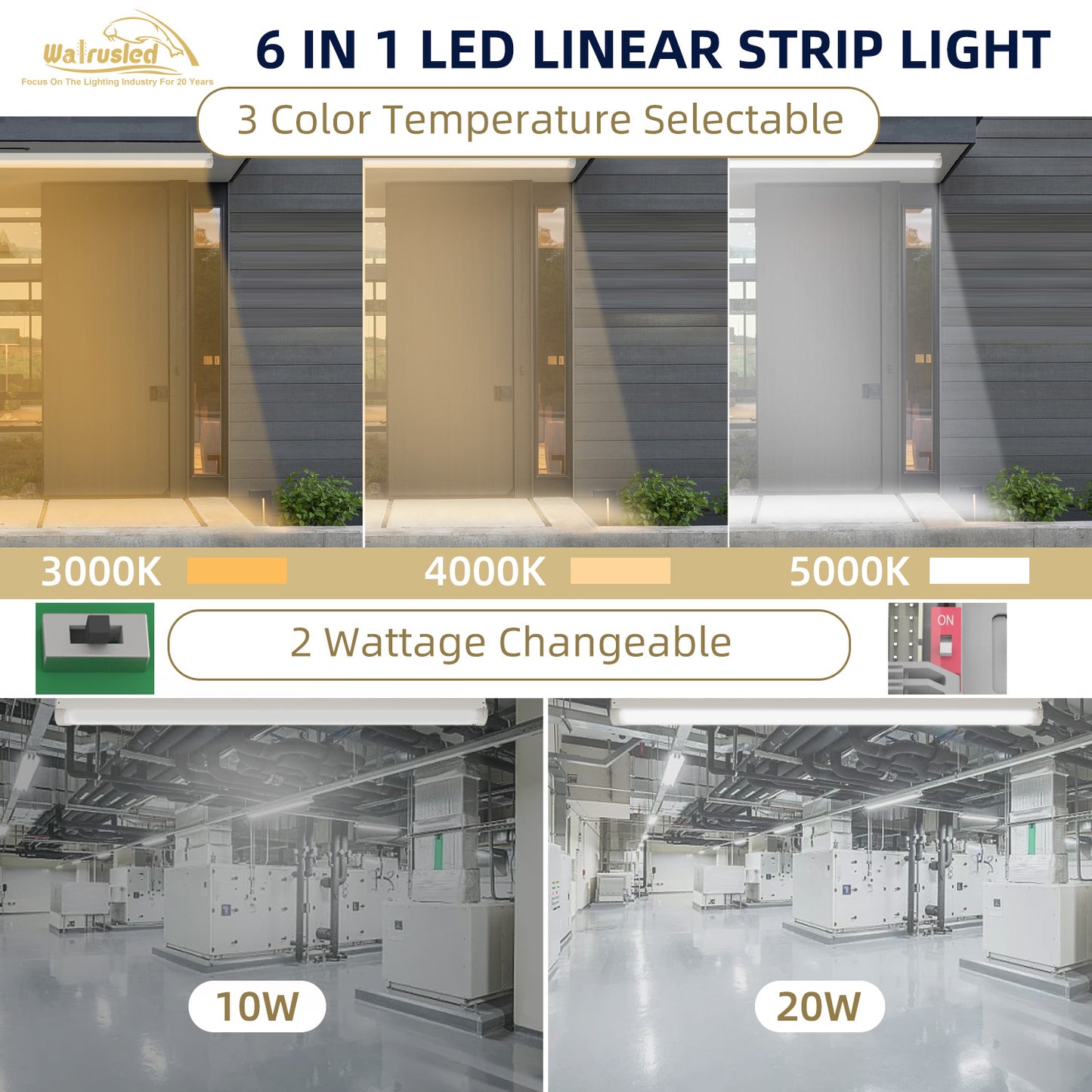 Walrusled 2FT Hallway LED Linear Strip Emergency Batten Light, 3 CCT Power Selectable, 10W/20W, 1250lm/2500lm, Battery Backup, 3000K/4000K/5000K, 2 Foot LED Linear Strip Shop Light Fixture, 60CM Flush Mount Garage Workshop Stairwell Ceiling Batten Light