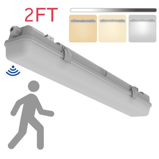 Walrusled 2FT Motion Sensor LED Wraparound Vapor Tight Batten Light, 2 Wattages/3 CCT Selectable 10W/20W 1250lm/2500lm 3000K/4000K/5000K, IP65, IK08, Dimmable 2 Foot LED Tunnel Wrap Waterproof Light Fixture, 60CM Flush Mount LED Vapor Proof Ceiling Light