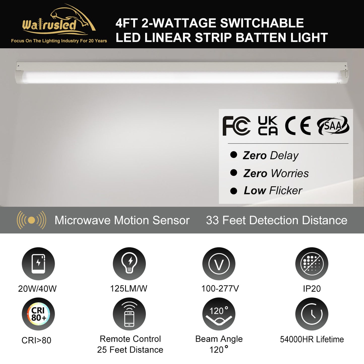 Walrusled 4FT Motion Sensor LED Linear Strip Batten Light with Remote, 2 Wattages/2 Lumens Selectable, 20W/40W, 2500lm/5000lm, 5000K, 100-277V, Dimmable 4 Foot LED Shop Strip Batten Pendant Light Fixture, Flush Mount Garage Workshop Ceiling Batten Light