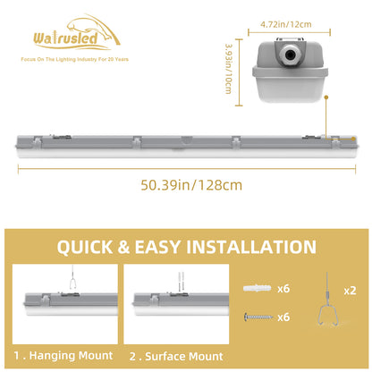 Walrusled 4FT LED Garage Wraparound Vapor Tight Batten Light 2 Wattages/2 Lumens/3 CCT Selectable, 20W/40W, 2500lm/5000lm, 3000K/4000K/5000K, 100-277V, IP65, 4 Foot LED Wrap Waterproof Batten Light Fixture, 120CM Flush Mount LED Vapor Proof Ceiling Light