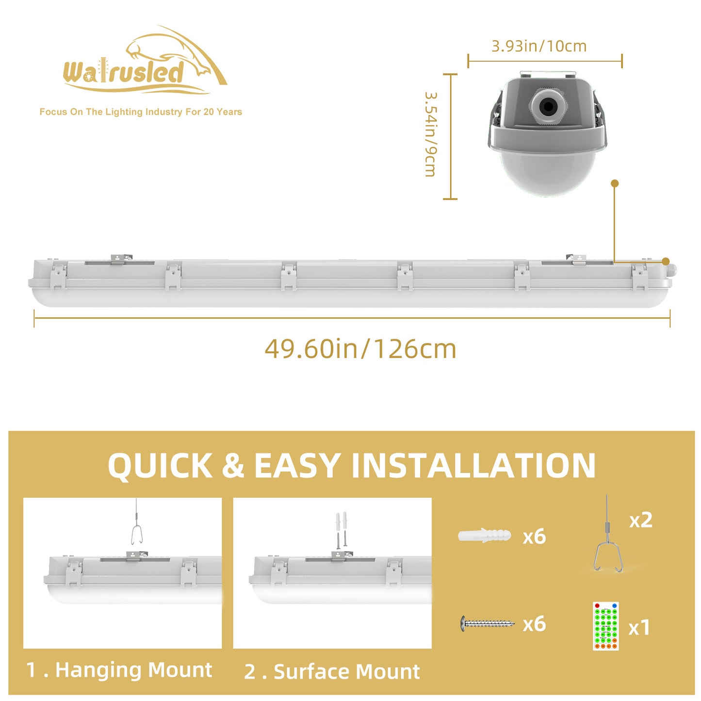 Walrusled 4FT Motion Sensor LED Linear Strip Vapor Tight Emergency Batten Light w/Remote, Power Selectable, 20W/40W, 2500lm/5000lm, Battery Backup, 5000K, IP65, Dimmable 4 Foot Flush Mount LED Tri Proof Light, 120CM Tunnel Led Vapor Proof Ceiling Fixture