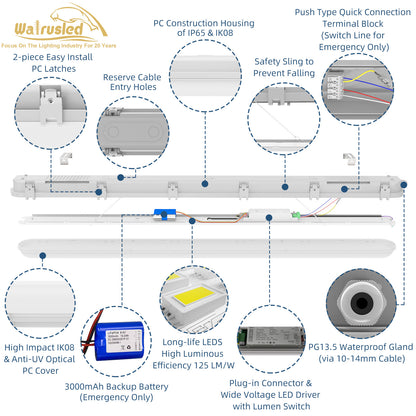 Walrusled 4FT LED Linear Strip Vapor Tight Batten Light 2 Wattages/2 Lumens Selectable, 20W/40W, 2500lm/5000lm, 5000K, IP65, 100-277V, 4 Foot Stairwell LED Tri Proof Pendant Light Fixture, 120CM Flush Mount Tunnel Led Vapor Proof Batten Ceiling Light