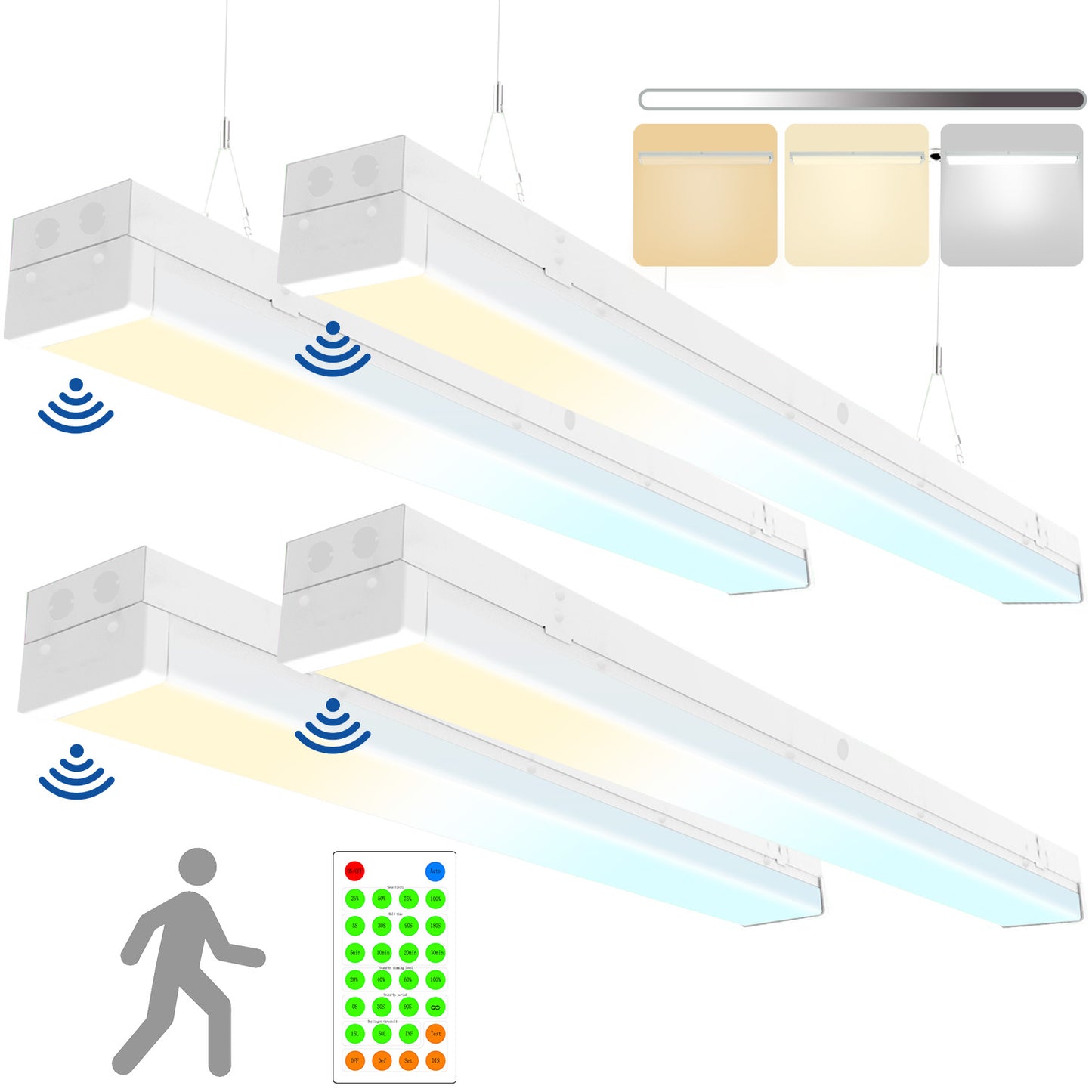 Walrusled 4FT Motion Sensor LED Stairwell Wraparound Batten Light with Remote, 2 Wattages/2 Lumens/3 CCT Selectable 20W/40W 2500lm/5000lm 3000K/4000K/5000K, 100-277V, IP20, Dimmable 4 Foot LED Wrap Batten Light Fixture, 120CM Flush Mount LED Ceiling Light