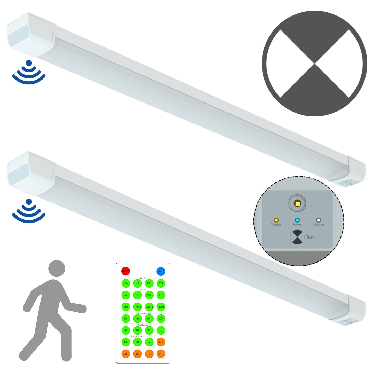 Walrusled 4FT Motion Sensor LED Tri Proof Emergency Batten Light, Power Selectable 20W/40W 2500lm/5000lm, Battery Backup, 5000K, IP65, IK10, Dimmable 4 Foot LED Waterproof Vapor Tight Linear Light Fixture, 120CM Flush Mount Led Vapor Proof Ceiling Light